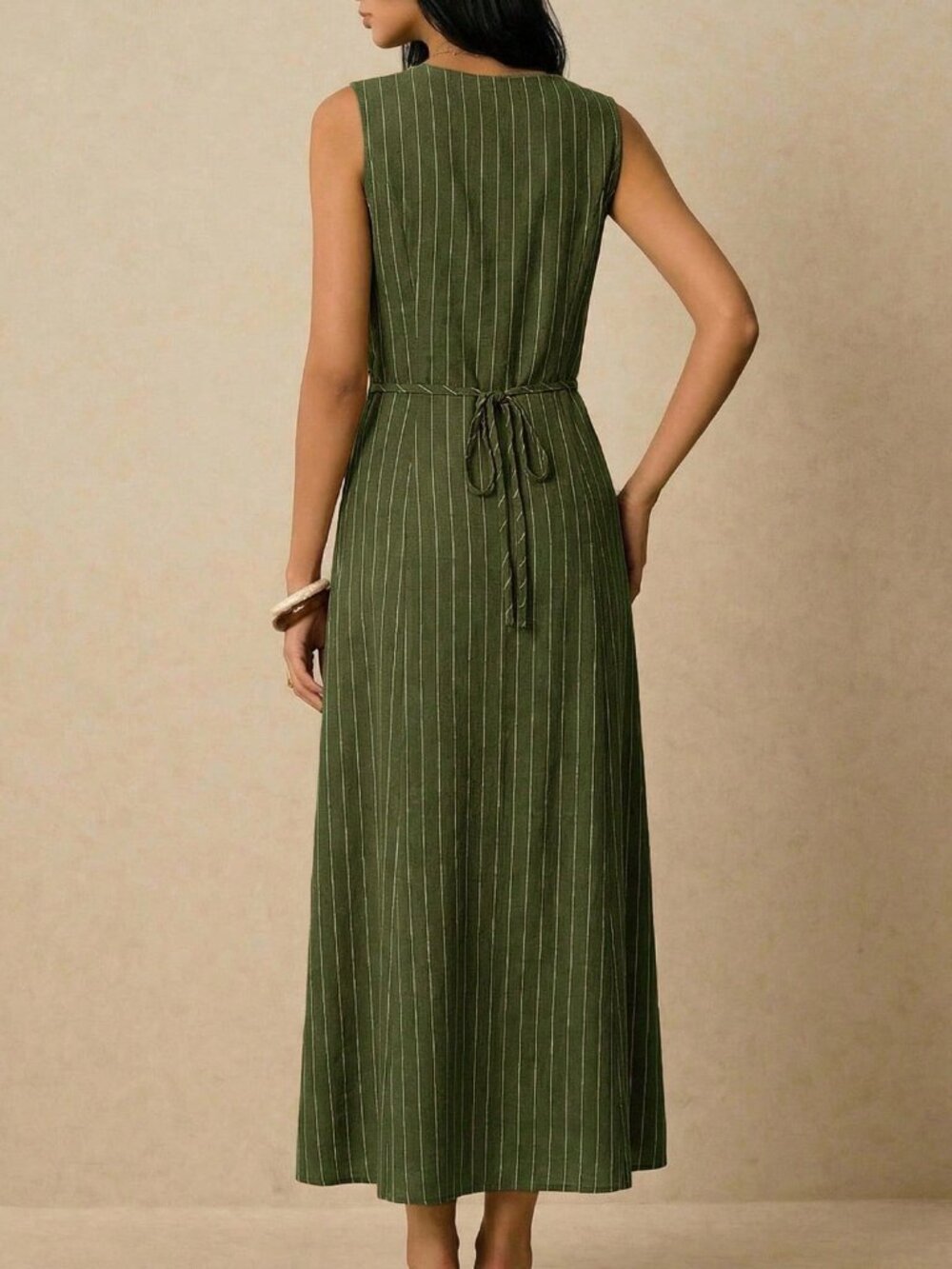 Army Green Casual Women's Striped Single-Breasted V-Neck Sleeveless Dress - Picture 2 of 7